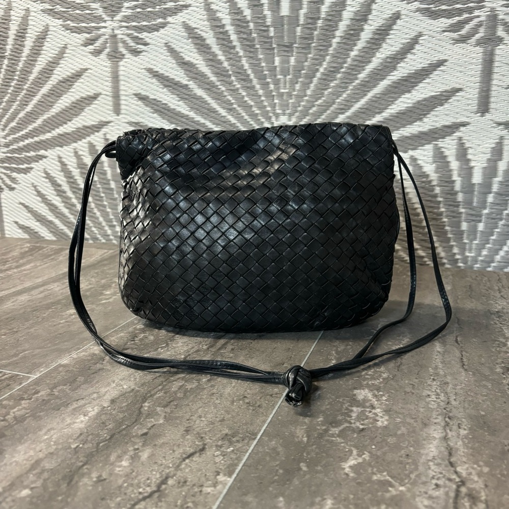Vtg Bottega Veneta Intrecciato Drawstring Pouch Bag Blk Woven Leather Italy - Picture 4 of 16